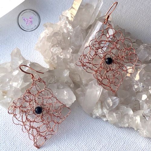 Black Onyx Copper Wire Crochet Earrings